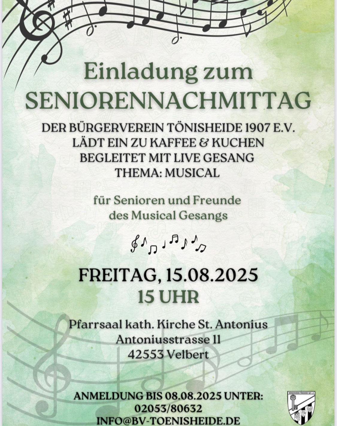 Auch in diesem Jahr möchten wir Euch, Eure Familie, Freunde und Bekannte recht herzlich zu unserem #seniorennachmittag einladen.

Wann: Freitag, den 15.08.2025
Wo: Pfarrsaal der kath. Kirche St. Antonius

Wir möchten gern mit Euch einen schönen Nachmittag verbringen und spendieren dafür Kaffee und Kuchen. Als besonderen Höhepunkt wird das gemütliche Beisammensein mit Live Gesang zum Thema Musical begleitet. Ihr könnt gespannt sein!

Bitte um Anmeldung bis spätestens 08.08.2025, siehe Flyer.

#bvtoenisheide #toenisheide #livegesang #musicals #buergervereintoenisheide