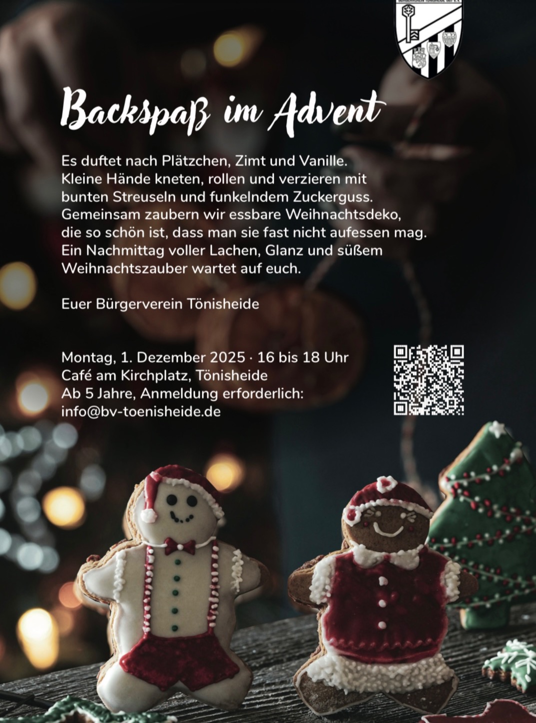 Wir laden alle Kinder ab 5 Jahren ein, mit uns gemeinsam am Montag, den 01.12.2025 im #kirchplatzcafe ab 16 Uhr essbare Weihnachtsdeko zu basteln :) ! Anmeldung erforderlich unter info@bv-toenisheide.de #bvtoenisheide #weihnachtsdeko #weihnachtsbäckerei #toenisheide