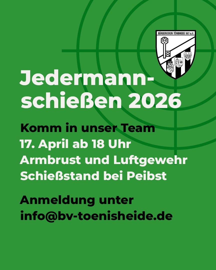 Am 17.04.2026 tritt das Team #bvtoenisheide beim Jedermannschießen des Schützenvereins Kleine Schweiz Tönisheide an. Kommt in unser Team und unterstützt uns in den Disziplinen Armbrust und Luftgewehr. Start 18:00 Uhr, Schießstand bei Peibst, Anmeldung unter info@bv-toenisheide.de 💪🏻😀.
#toenisheide #jedermannschießen #bürgervereintönisheide
