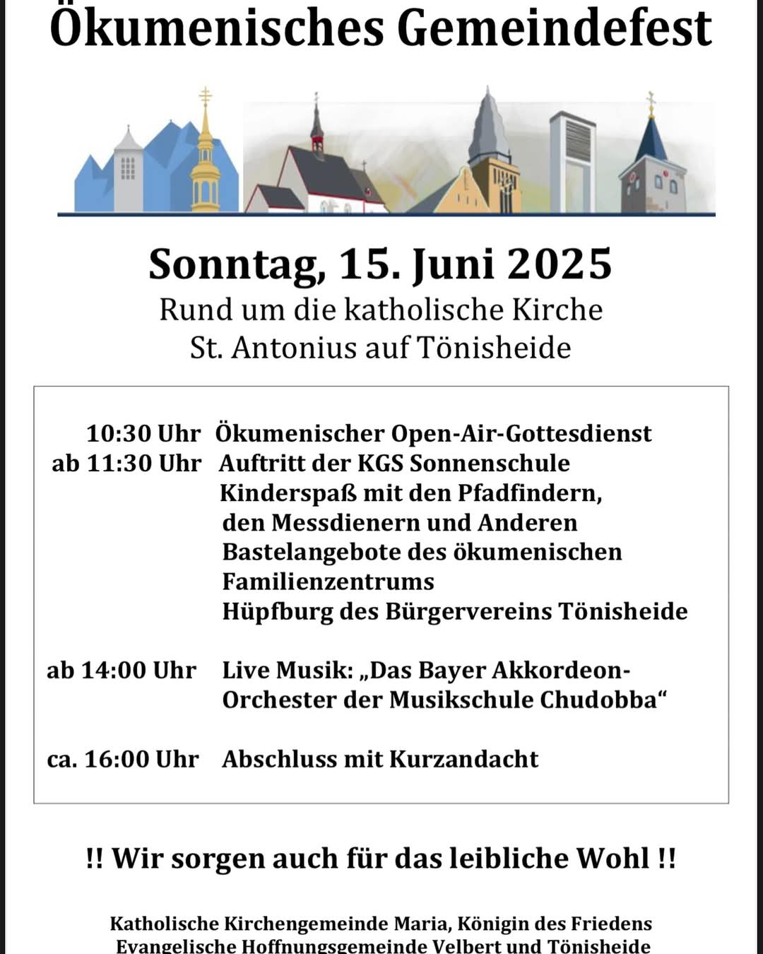 Am 15.06.2025 findet ab 10:30 Uhr das ökumenische Gemeindefest auf #tönisheide rund um die katholische Kirche St. Antonius statt. Spiel, Spaß, Musik und gutes Essen! Kommt vorbei!  #bvtoenisheide #gemeindefest #kirchevelbert #stantonius #velbert #neviges