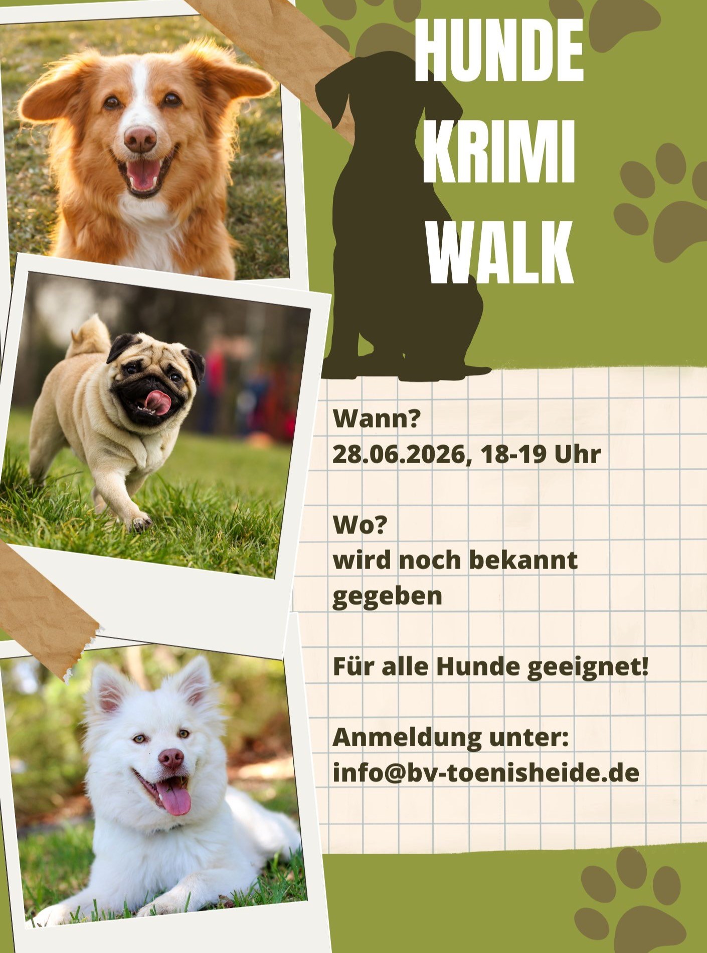 Am Sonntag, den 28.06.2026 ab 18 Uhr findet unser nächster Hunde-Walk mit dem #bürgervereintönisheide und den #velnasen statt 🥰 . Aufgrund der möglichen sommerlichen Temperaturen treffen wir uns dieses Mal etwas später.

Wie bisher suchen wir uns eine nette Strecke, die wir kurz vorher bekannt geben. Der Walk dauert etwa 45-60 min und es wird ein paar spannende Aufgaben zu absolvieren geben. Allein der Social Walk mit anderen Artgenossen ist für einige ja bereits Training 🤓.

Für Mitglieder ist die Teilnahme frei. Nicht-Mitglieder zahlen 10€. Seid dabei und meldet euch an unter: info@bv-toenisheide.de 🐶😃🐾 #toenisheide #hundewalk #buergervereintoenisheide #auftönisheide #spaziergang