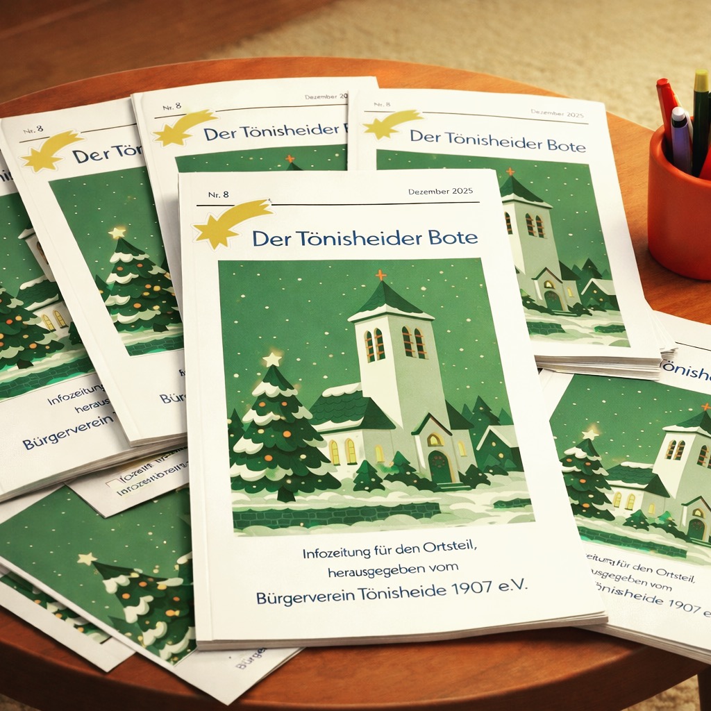 Die achte Ausgabe des „Tönisheider Boten“, der Ortsteilzeitung des Bürgervereins, ist online! 📄
Zu finden auf unserer Homepage bv-toenisheide.de unter dem Menüpunkt „Neuigkeiten – Tönisheider Bote“. 
Die Papierausgabe wird an folgenden Stellen ausgelegt:
– Marienapotheke Nevigeser Straße, auf der Sitzbank im Eingangsbereich
– Café am Kirchplatz
Die Auflage ist begrenzt, denn der Bote ist in erster Linie ein Online-Angebot.
Wir wünschen allen Leserinnen und Lesern ein frohes Weihnachtsfest 🎄 und viel Spass bei der Lektüre.
Das Redaktionsteam des Tönisheider Boten 📝.
sa
#buergerverein #toenisheide #ttown #auftoenisheide 
#velbert #buergervereintoenisheide #neviges #niederberg 
#toenisheiderbote