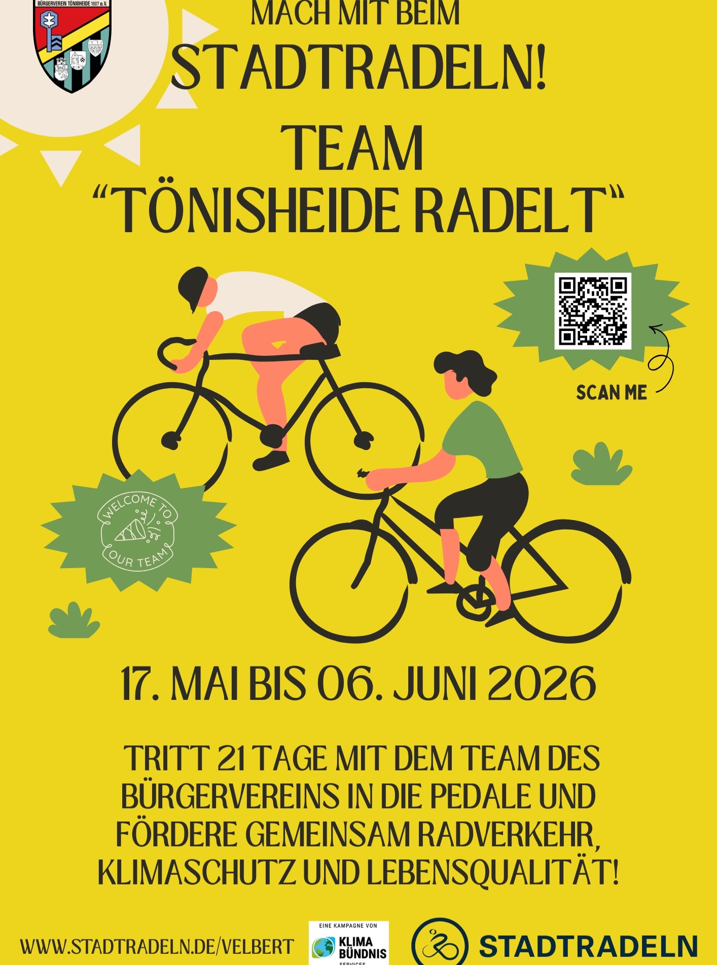 Auch in diesem Jahr nehmen wir wieder beim #stadtradeln teil. Kommt in unser Team "Tönisheide radelt" und tretet gemeinsam mit uns 21 Tage in die Pedale für Klimaschutz, Gesundheit und für den Geldbeutel 😊 .

Einfach unter folgendem Link registrieren, unserem Team beitreten und los geht´s ab 17.05.2026 💪:
https://www.stadtradeln.de/velbert #bvtoenisheide #auftoenisheide #radeln #klimaschutz #tönisheide